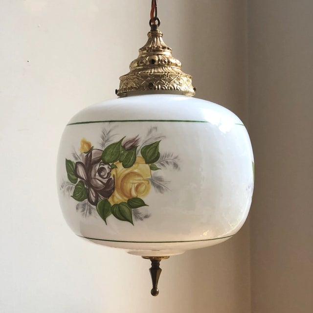 Mid-20th Century Milk Glass Floral Pendant Light For Sale In Baltimore - Image 6 of 12