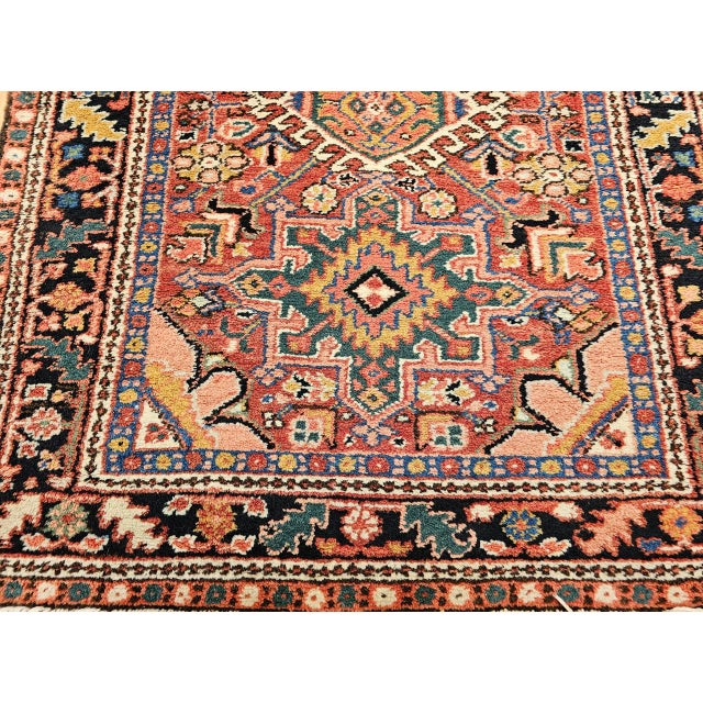 Vintage Persian Heriz Karajah Rug, Hand-Knotted Wool, Geometric Pattern, Rust-Red & Navy, 4x5 For Sale - Image 14 of 18