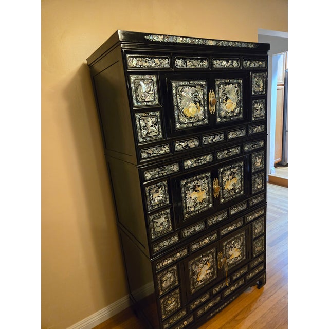 Vintage Korean mother-of-pearl inlay cabinet and drawer set. This is one of an available pair. Has beautiful detail and is...