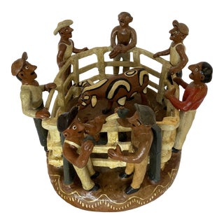 Vintage Mexican Folk Art Pottery Bull Ring & Figures Sculpture For Sale