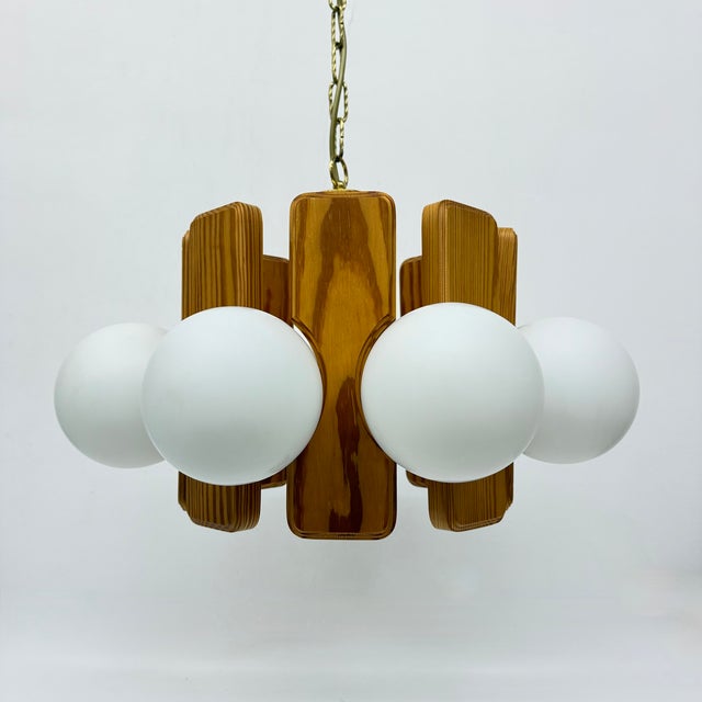 Vintage Pine Wooden Chandelier with Glass Globes, 1970s For Sale - Image 13 of 18