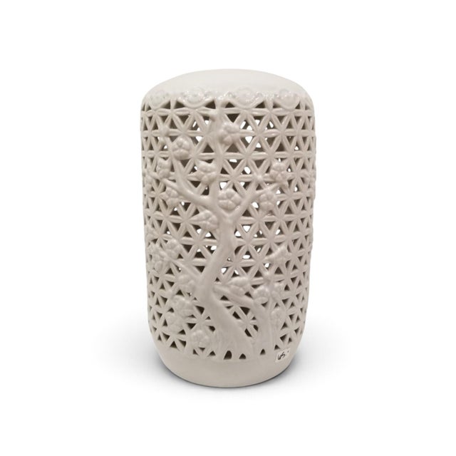 Japanese Vintage Blanc De Chine Reticulated Chinoiserie Vase With Cherry Blossom Motif For Sale - Image 3 of 8