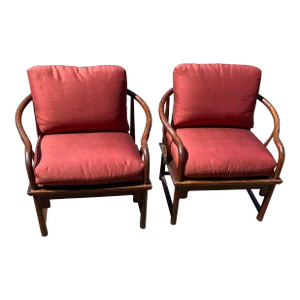 1970s Marge Carson Pair of Chinoiserie Lounge Chairs in Rosewood