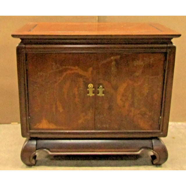Vintage Broyhill Walnut Parquetry Asian Console Cabinet 3230-19 Shows an ancient dogwood tree with two birds and a...