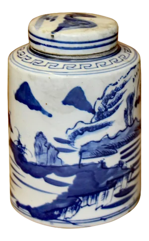 Chinese Blue White Ceramic Oriental Scenery Graphic Container Urn Jar