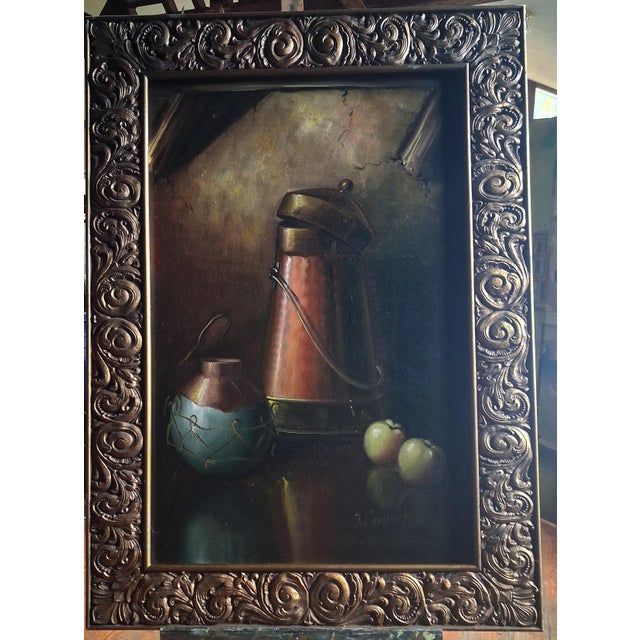 Realism Vintage Realist Still Life Oil Painting With Copper Coffee Pot and Fruit, Signed J. Gardner For Sale - Image 3 of 12
