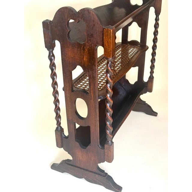 English Gothic Revival Oak Canterbury Bookcase with Original Cane, 1890 For Sale - Image 9 of 14
