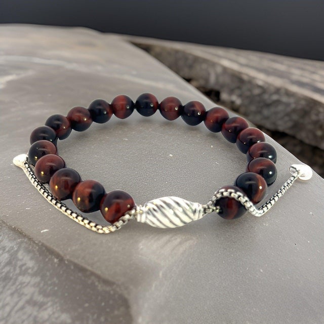 1990s David Yurman Tiger Eye Spiritual Beads Bracelet 6.6 - 8.5" Silver 8 mm Estate For Sale - Image 15 of 16