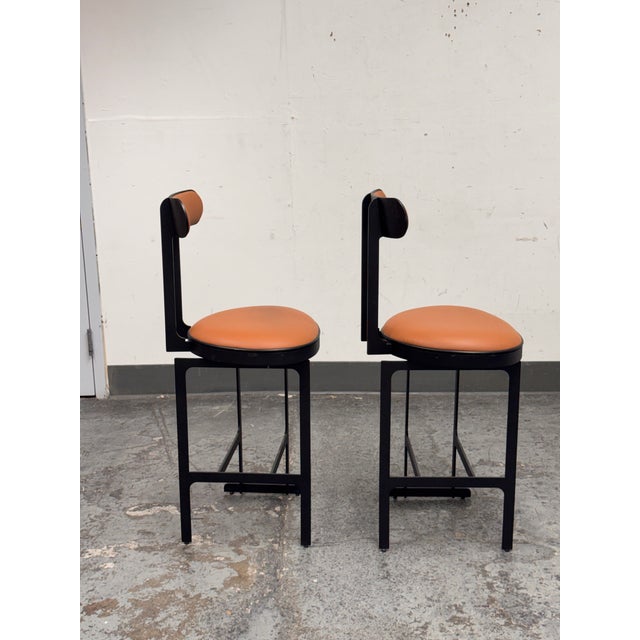 Michael Oren Design Custom Porter Place Style Swivel Faux Leather Counter Stools, Pair For Sale In San Francisco - Image 6 of 12