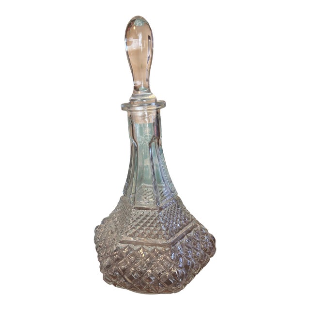 Vintage Cut Crystal Style Six-Sided Decanter With Original Stopper For Sale