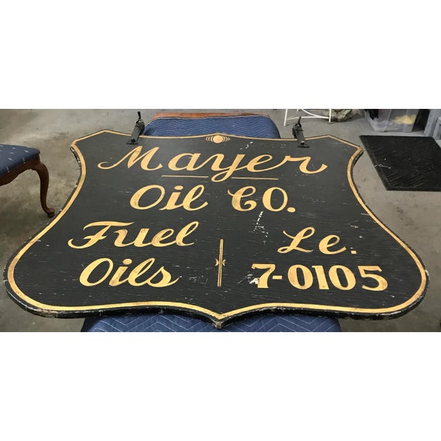 Mayer Oil Co..Black Painted Wood Gold Leaf Wood Gasoline Petrol Sign For Sale - Image 13 of 13