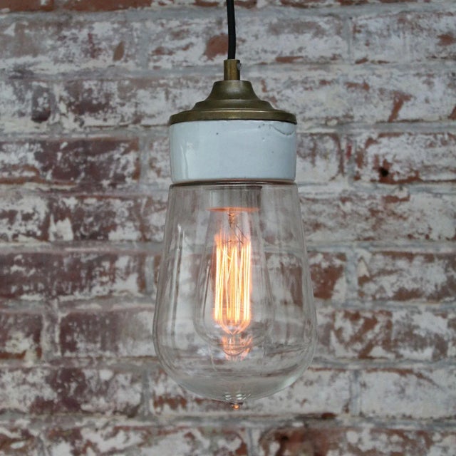 Mid-Century Industrial White Porcelain, Clear Glass, and Brass Pendant Lamp For Sale - Image 4 of 5