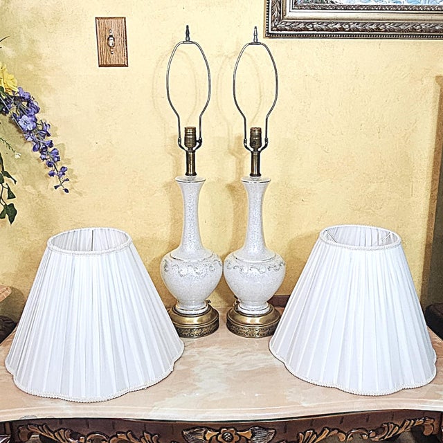 Mid 20th Century Mid 20th Century Pair of Vintage White Crackle-Glaze Table Lamps With Pleated Shades – 35” For Sale - Image 5 of 18