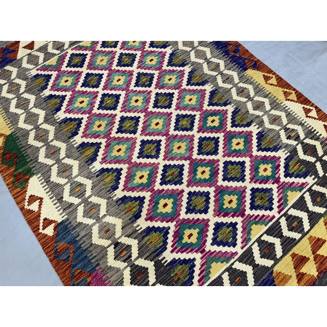 4'2" X 5'10" Multicolor Afghan Chobi Geometric Wool Flatweave Kilim Rug For Sale - Image 6 of 16
