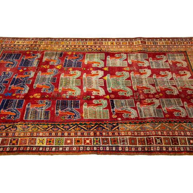 4 X 8 Vintage Persian Shiraz Pictorial Wool Rug in Red For Sale In New York - Image 6 of 9