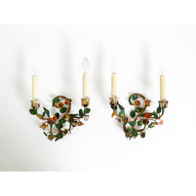 Floral Wall Lamps in Metal with Hand-Painted Details, Italy, 1950s, Set of 2 For Sale - Image 17 of 17