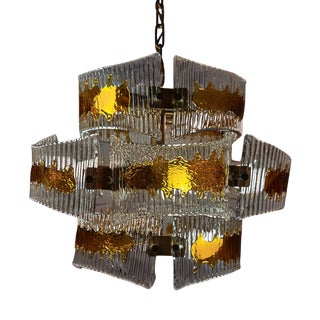 Murano Chandelier in Amber and Clear Textured Glass, 1960 For Sale