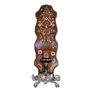 Possibly Norwegian Hand-Painted Rosemaling Wall Pocket With Candlestick Holder or Miniature Vase, Signed by Kaja, 1990-Scandinavian Folk Art Decor. For Sale