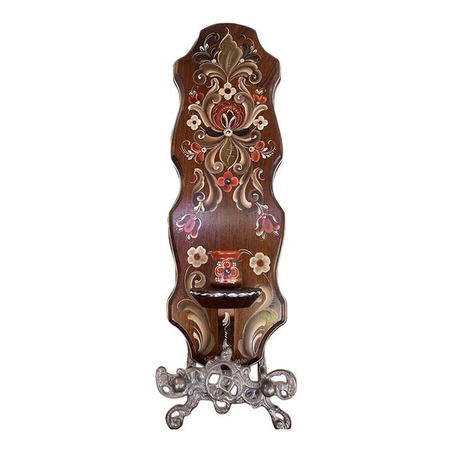 Possibly Norwegian Hand-Painted Rosemaling Wall Pocket With Candlestick Holder or Miniature Vase, Signed by Kaja, 1990-Scandinavian Folk Art Decor. For Sale
