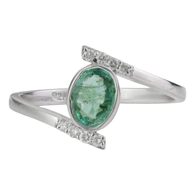 Certified Solitaire Zambian Emerald & Diamond Ring in 925 Sterling Silver, Size 8 For Sale