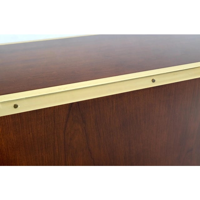 Drexel Campaign Style Brass Walnut Mid Century Drawers Doors Compartment Long Credenza For Sale - Image 4 of 13