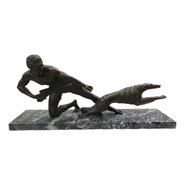 Art Deco Bronze Sculpture with Marble Pedestal, 1930s For Sale