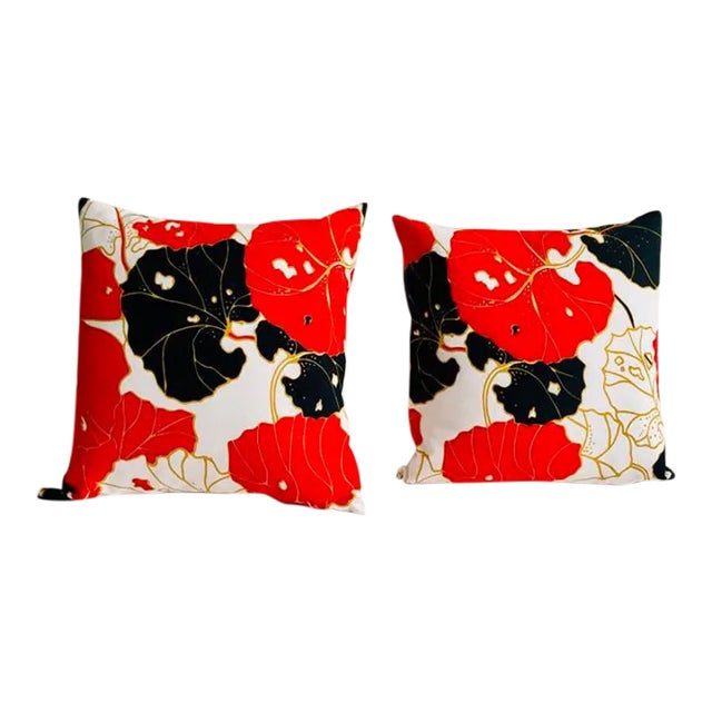 Marimekko Pair of Cotton With Orange & Black Leaf Motif Throw Pillows by Maison Du Lab For Sale