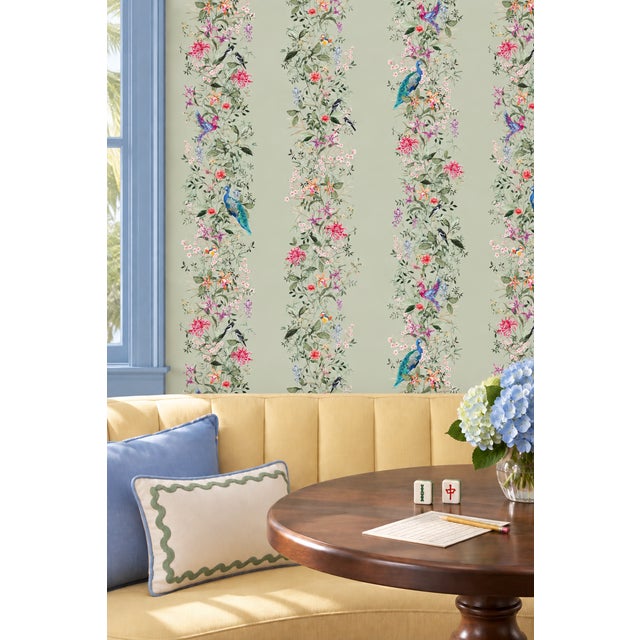 Not Yet Made - Made To Order Mahjong Floral Stripe Grasscloth Wallpaper by House Party | Green Dragon | 8 Yards For Sale - Image 5 of 10