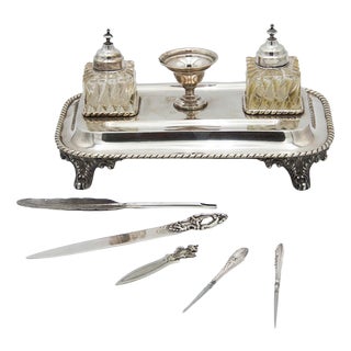 Silver Inkwell with Cut Glass Tanks, Set of 8 For Sale