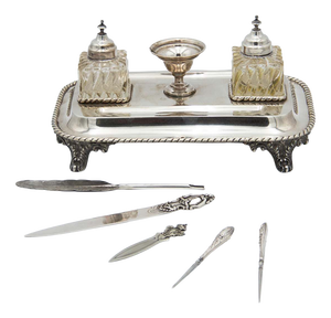 Silver Inkwell with Cut Glass Tanks, Set of 8