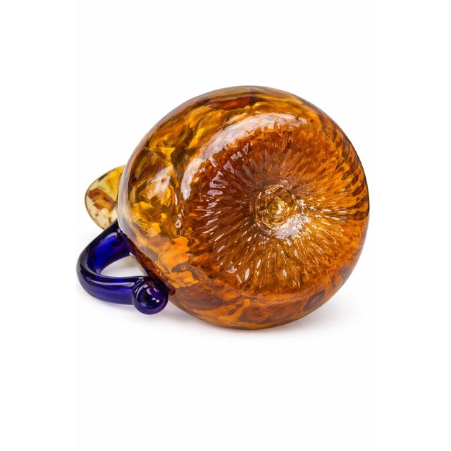 Mid-Century Modern Late 20th Century Amber Hand-Blown Art Glass Pitcher With Cobalt Blue Handle – Sculptural Mid-Century Style (11.5") For Sale - Image 3 of 5