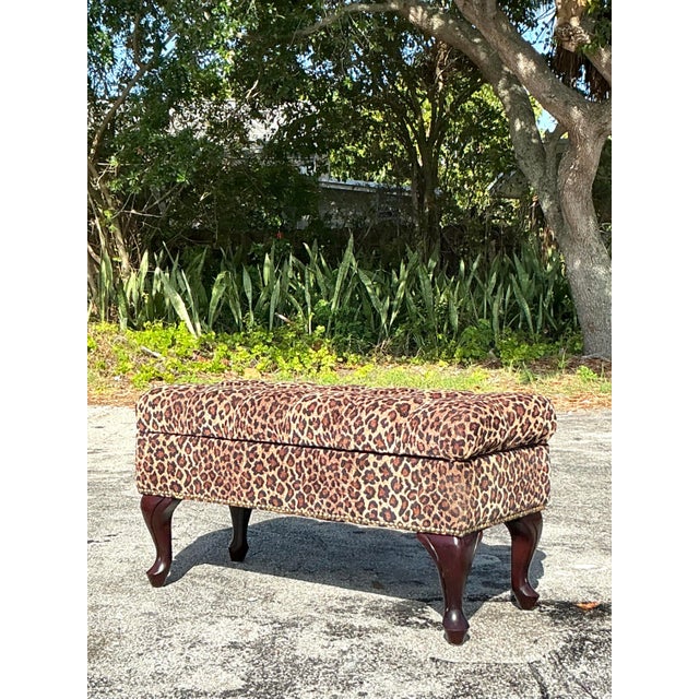 Wood Vintage Regency Tufted Leopard Ottoman Bench For Sale - Image 7 of 11
