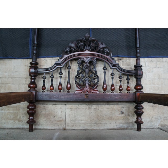 Antique Anglo Indian Colonial Raj Mahogany Carved Officers 4 Poster Tester Bed For Sale - Image 12 of 13