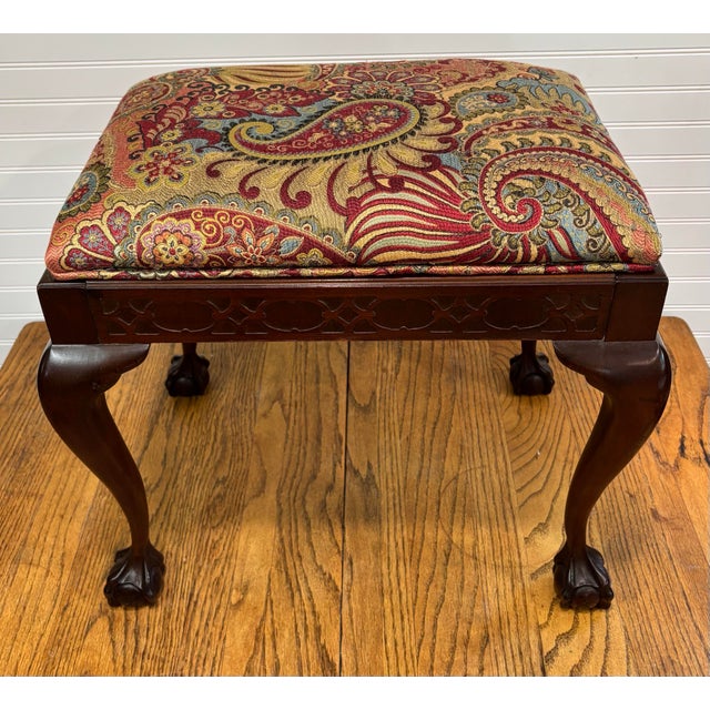 Chippendale Early 20th Century Chippendale Clawfoot Footstool Bench, With New Paisley Upholstery For Sale - Image 3 of 9