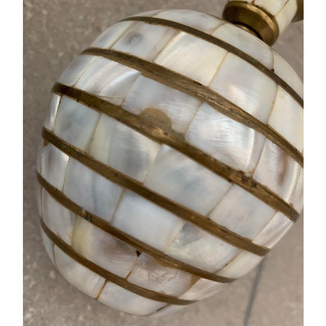 Brass 1970’s Vintage Indian Tessellated Mother of Pearl, Shell Candlestick Holders With Brass Trim- A Pair For Sale - Image 8 of 12