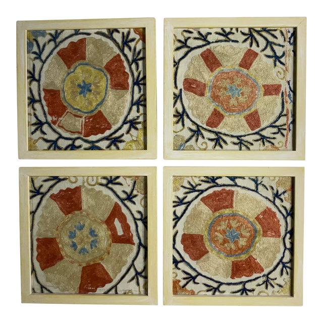 Set of Four 19 Century Antique Silk Suzani Wall Hanging For Sale