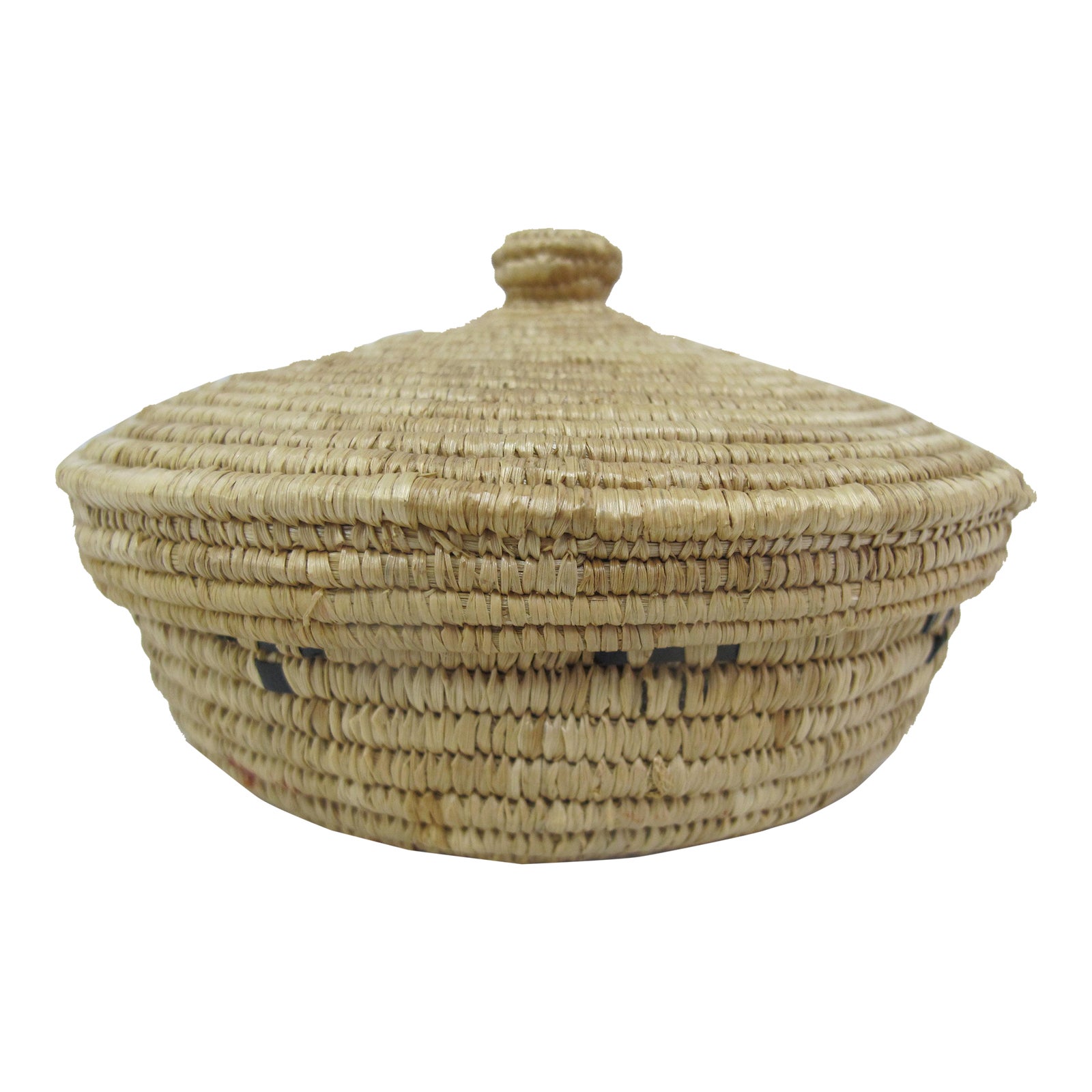 Antique Alaskan Inuit Small Woven Geometric Design Coil Basket With Lid