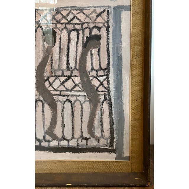 Original Mid Century Salvatore Emblema Painting on Jute - Two Figures at a Door, Signed For Sale - Image 4 of 7