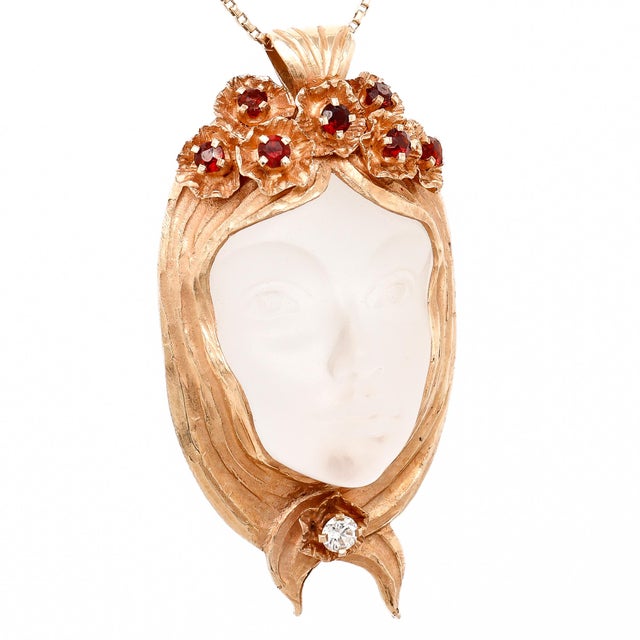 Metal Walter Bauscher 14k Gold, Rock Crystal, Garnet, and Diamond Figural Face Pendant For Sale - Image 7 of 14
