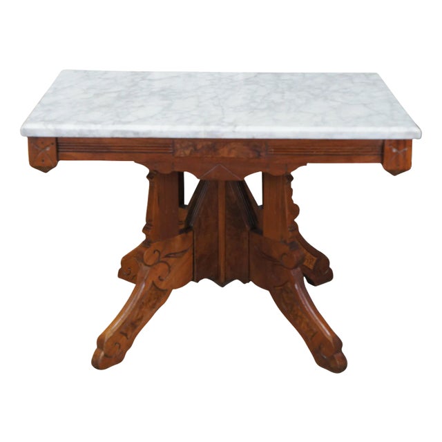 Antique Victorian Eastlake Walnut Burl Marble Top Parlor Coffee Side End Table For Sale