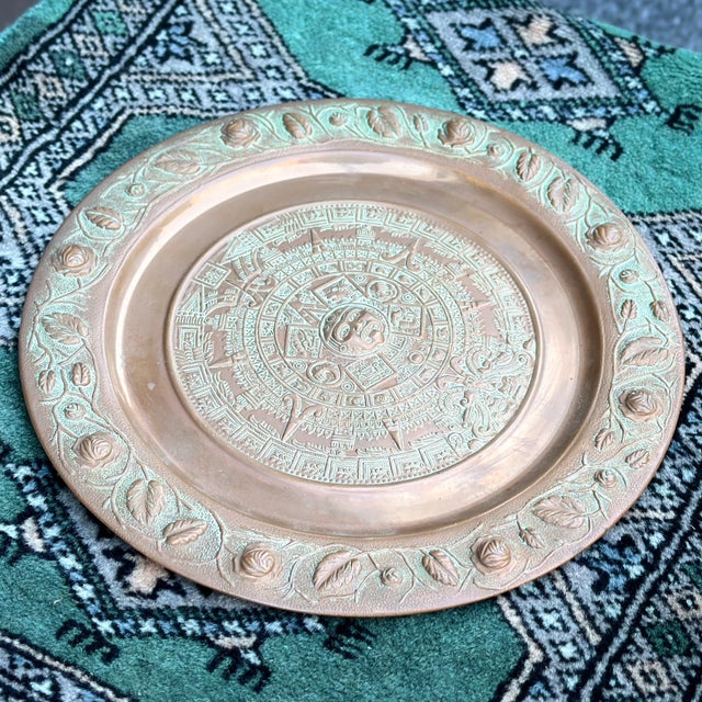 Mid-Century Modern Mid-Century Hammered Patinated Copper Aztec or Mayan Calendar Wall Plaque Decor For Sale - Image 3 of 12