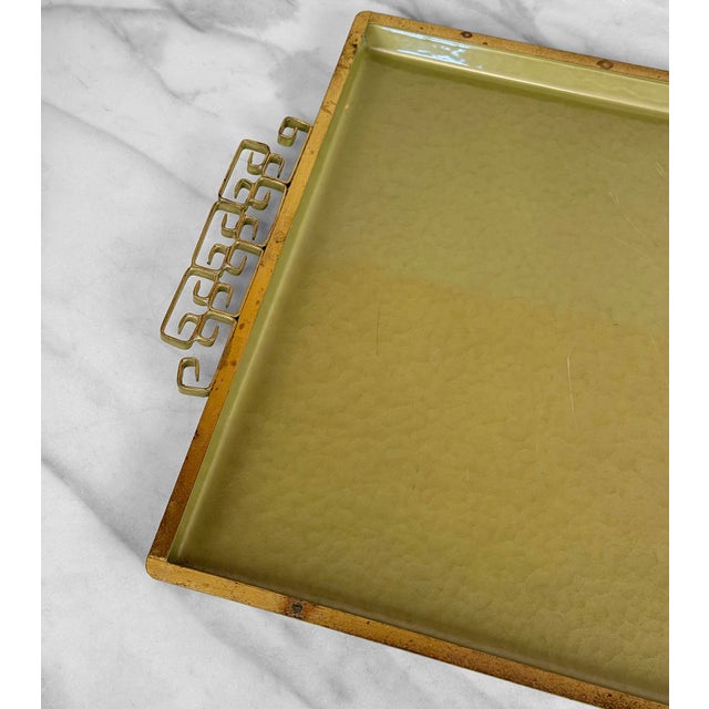 Vintage Hollywood Regency Chinoiserie Green Enamel Serving Vanity Tray For Sale - Image 6 of 9