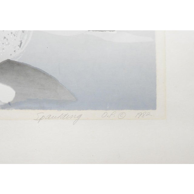 1982 serigraph on paper of a pod of Orcas with mountains in distance. Signed Spaulding, dated, numbered 24/100 and titled...