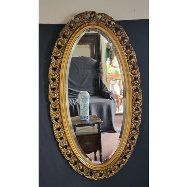 French Early 1900s French Style Hand Carved Gilded Oval Beveled Wall Mirror For Sale - Image 3 of 12