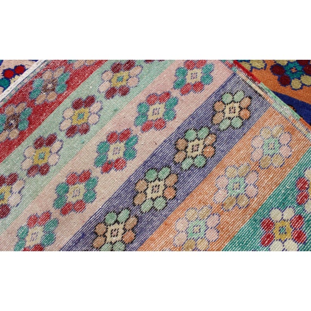 Mid-Century Modern Turkish Rug With Multicolored Stripes and Flower Designs For Sale - Image 11 of 12