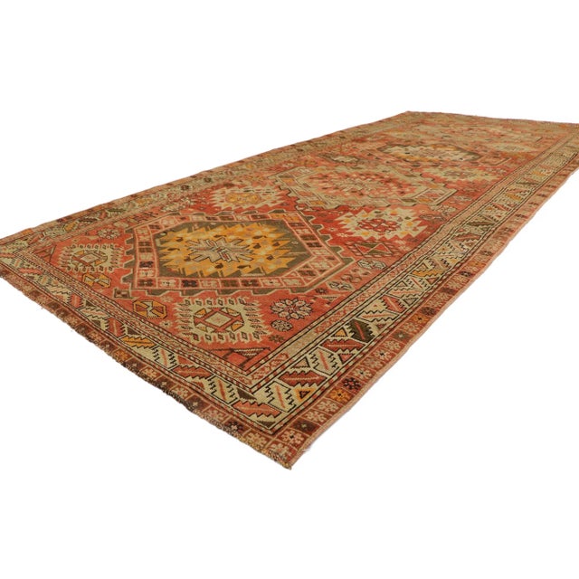 53655 Vintage Turkish Oushak Rug, 04'09 x 10'02. Behold the nomadic enchantment and tribal flair imbued in this hand...