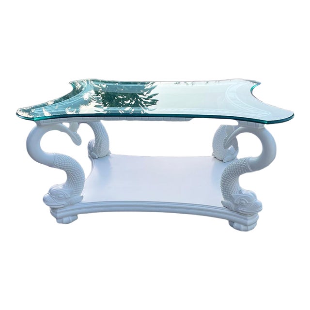 1970s Elegant Four Dolphin Base Coffee Table With Beveled Glass Top For Sale