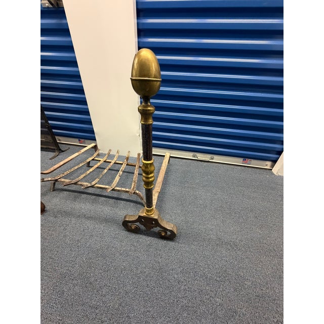 Rustic European Antique Brass & Iron Andirons With Fire Grate – Decorative Fireplace Set For Sale - Image 3 of 7