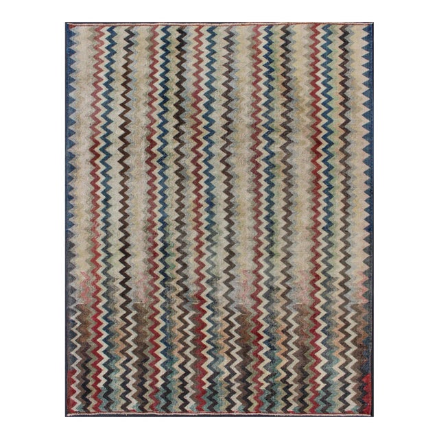 Mid 20th Century Mid-Century Modern Rug in Navy, Red, Green, Brown & Ivory For Sale
