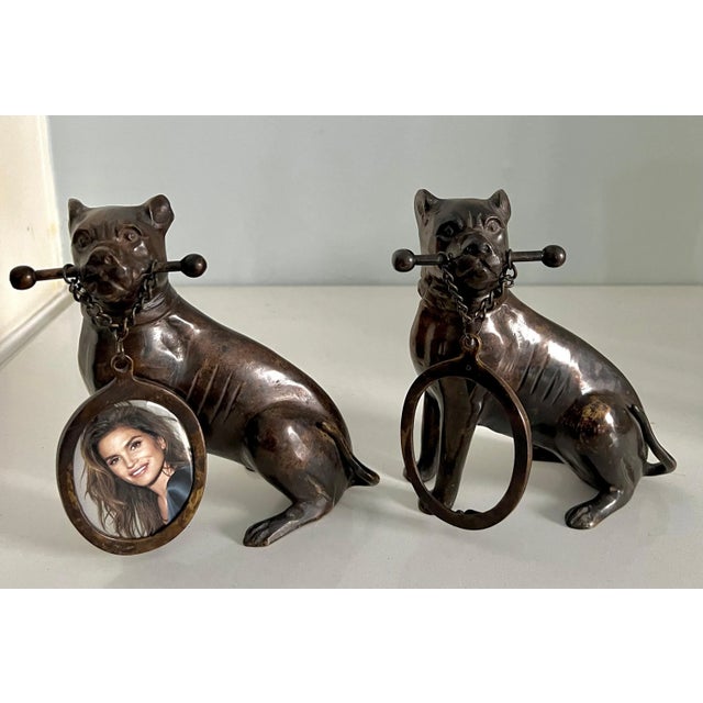 Mid 20th Century Mid 20th Century Bronze Boxer Dog Holding an Oval Picture Frame Bookends - A Pair For Sale - Image 5 of 10